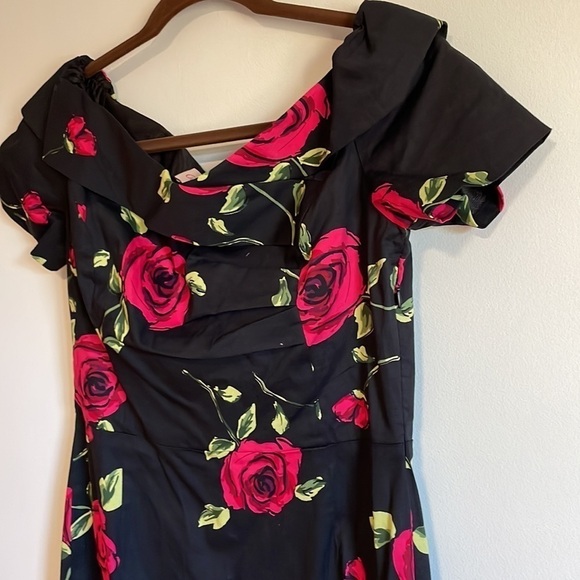 Romantic Pin Up Pencil Dress Med Black Cocktail Rose Fit Mid Belle Pogue Alt - Picture 3 of 15